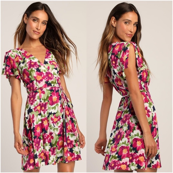 LULU’S Harbor Point Magenta Multi Floral Print Wrap Dress - Picture 1 of 7